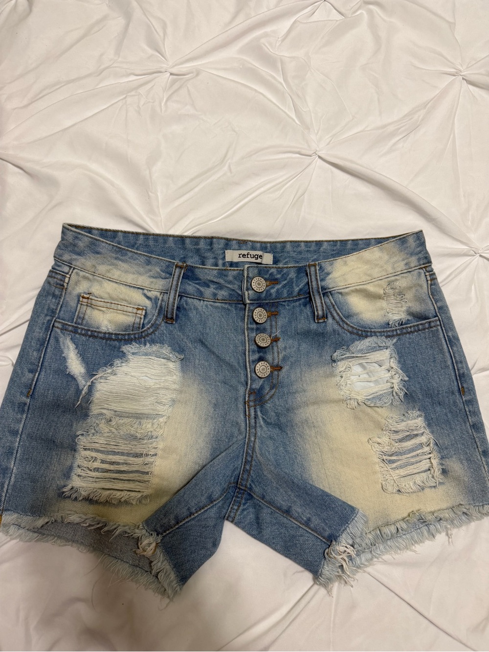 refuge Distressed Light Blue High-Rise Denim Shorts